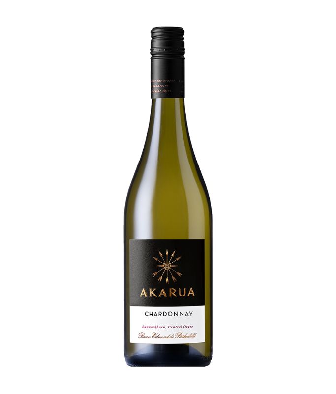 Akarua Chardonnay wine bottle on a white background