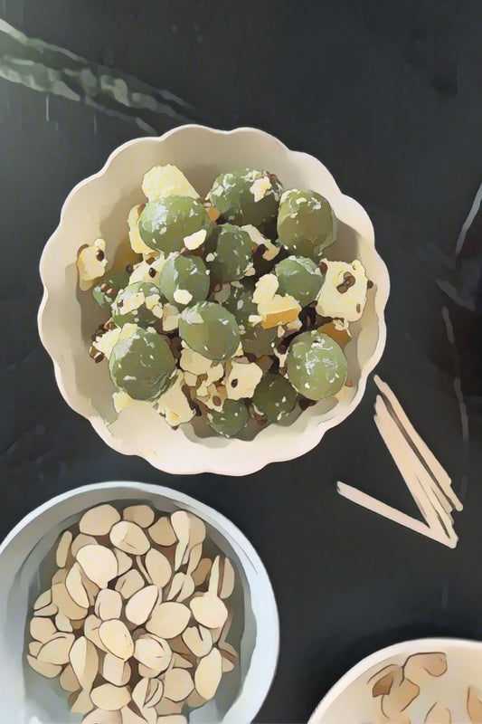 Queen Green Olives with Preserved Lemon, Coriander Seeds and Feta