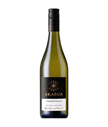 Akarua Chardonnay wine bottle on a white background