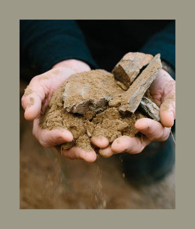 Hands holding a small pile of dirt and rocks against a neutral background